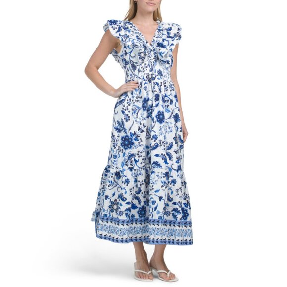 ADRIANNA PAPELL White/Blue Multi Flutter Sleeve Floral Maxi Dress - Picture 1 of 2